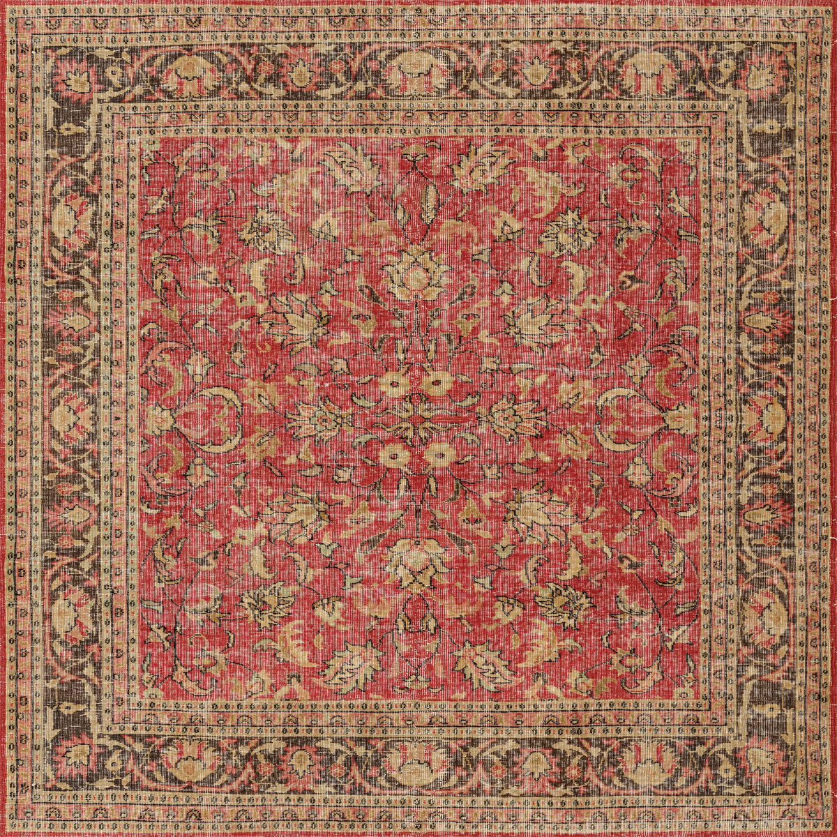 The Legacy Wreath - Washable Rug (JRN1024) features a rich red background with intricate gold and brown floral and vine patterns, complemented by a detailed, multicolored border with symmetrical designs.