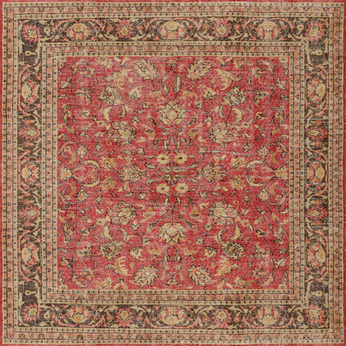 Load image 1 in gallery view. The Legacy Wreath - Washable Rug (JRN1024) features a rich red background with intricate gold and brown floral and vine patterns, complemented by a detailed, multicolored border with symmetrical designs.