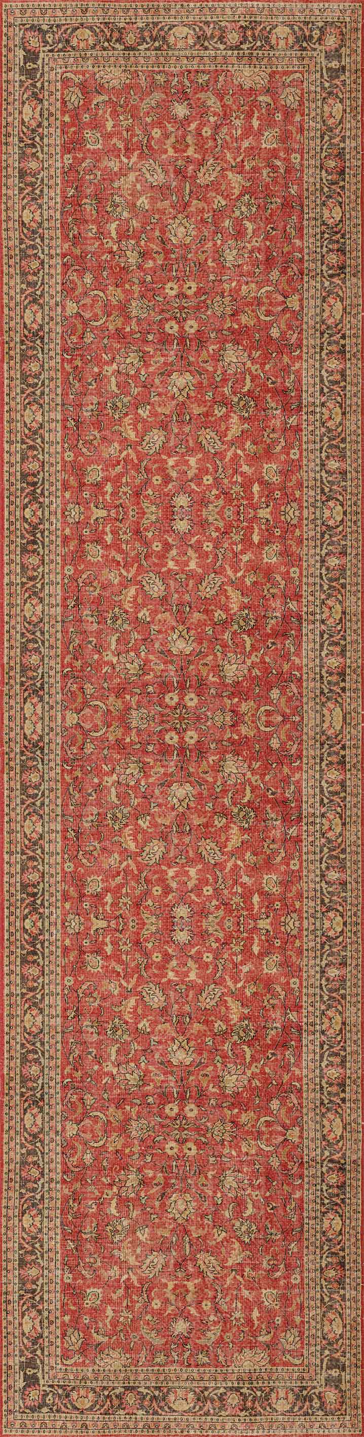 The Legacy Wreath - Washable Rug (JRN1024) features a red background with intricate gold, olive, and brown floral and geometric patterns, plus elaborate borders—blending timeless Persian style with easy care.