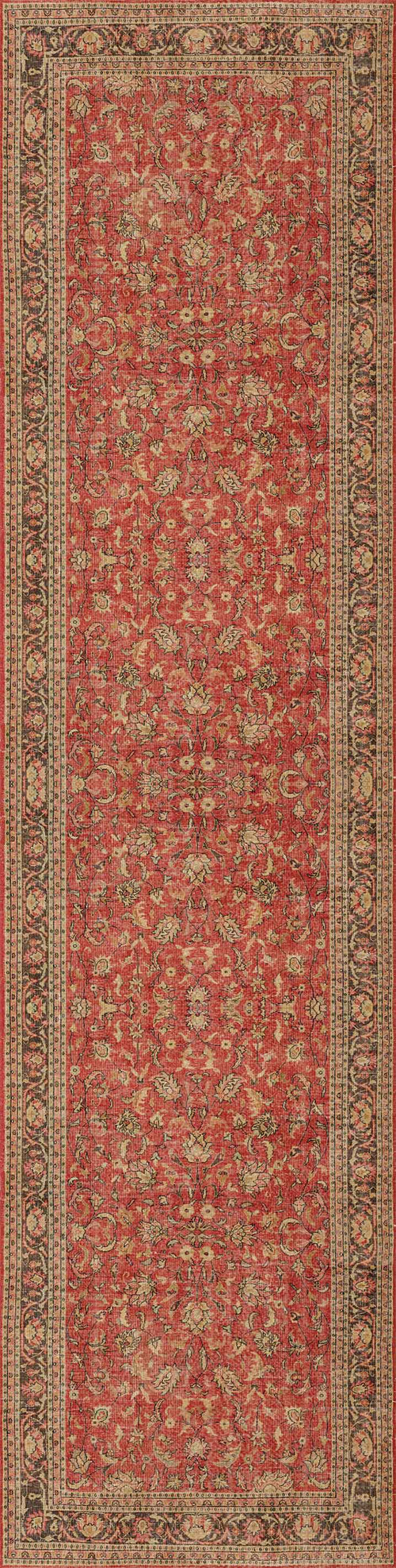 Load image 1 in gallery view. The Legacy Wreath - Washable Rug (JRN1024) features a red background with intricate gold, olive, and brown floral and geometric patterns, plus elaborate borders—blending timeless Persian style with easy care.
