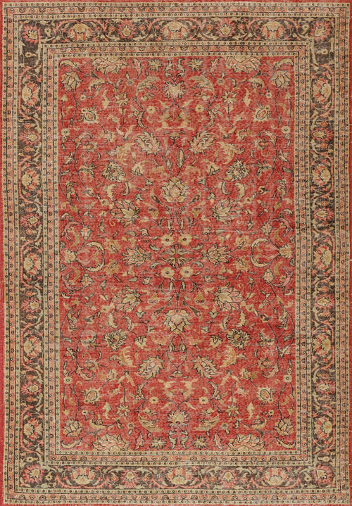 Load image 1 in gallery view. The Legacy Wreath - Washable Rug - JRN1024 (Custom Size) is a rectangular, traditional Persian-style rug featuring an intricate floral pattern in red, beige, and black with a red border and symmetrical central motif.