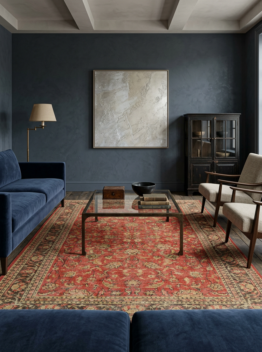 Red and beige traditional floral medallion rug in a dark-walled living room.