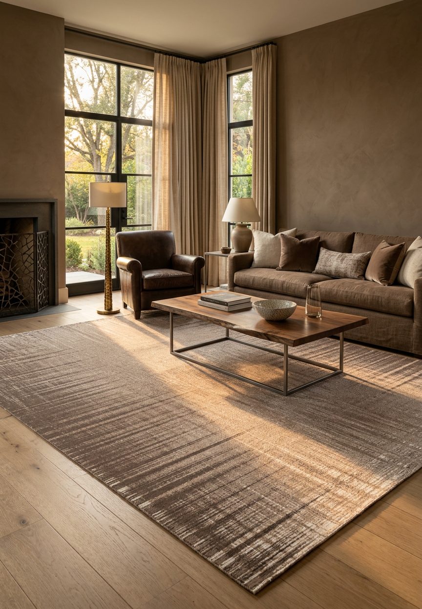 Brown area rug with a subtle horizontal distressed stripe pattern, styled in a modern living room.