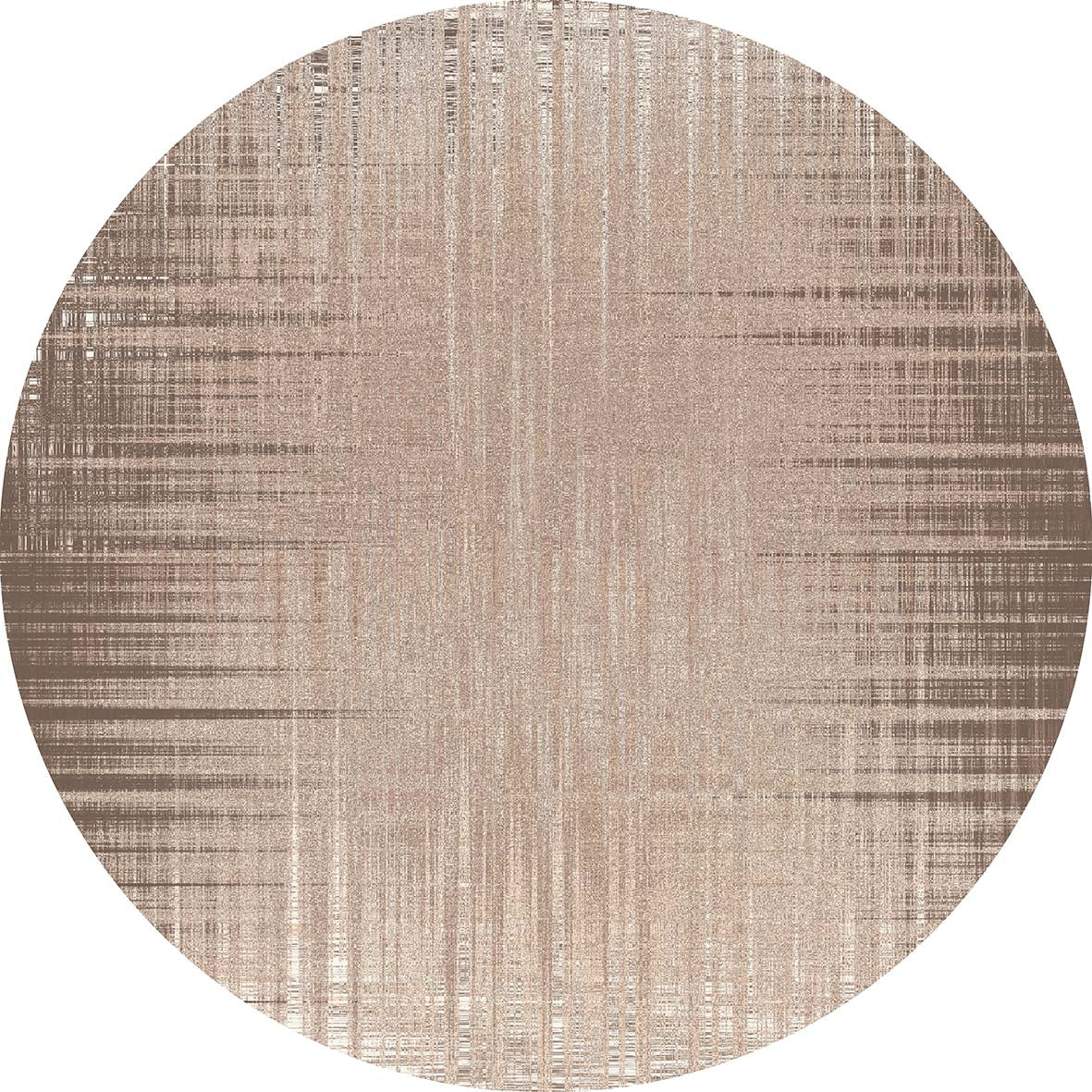Round taupe and beige rug with a distressed, linear abstract pattern.