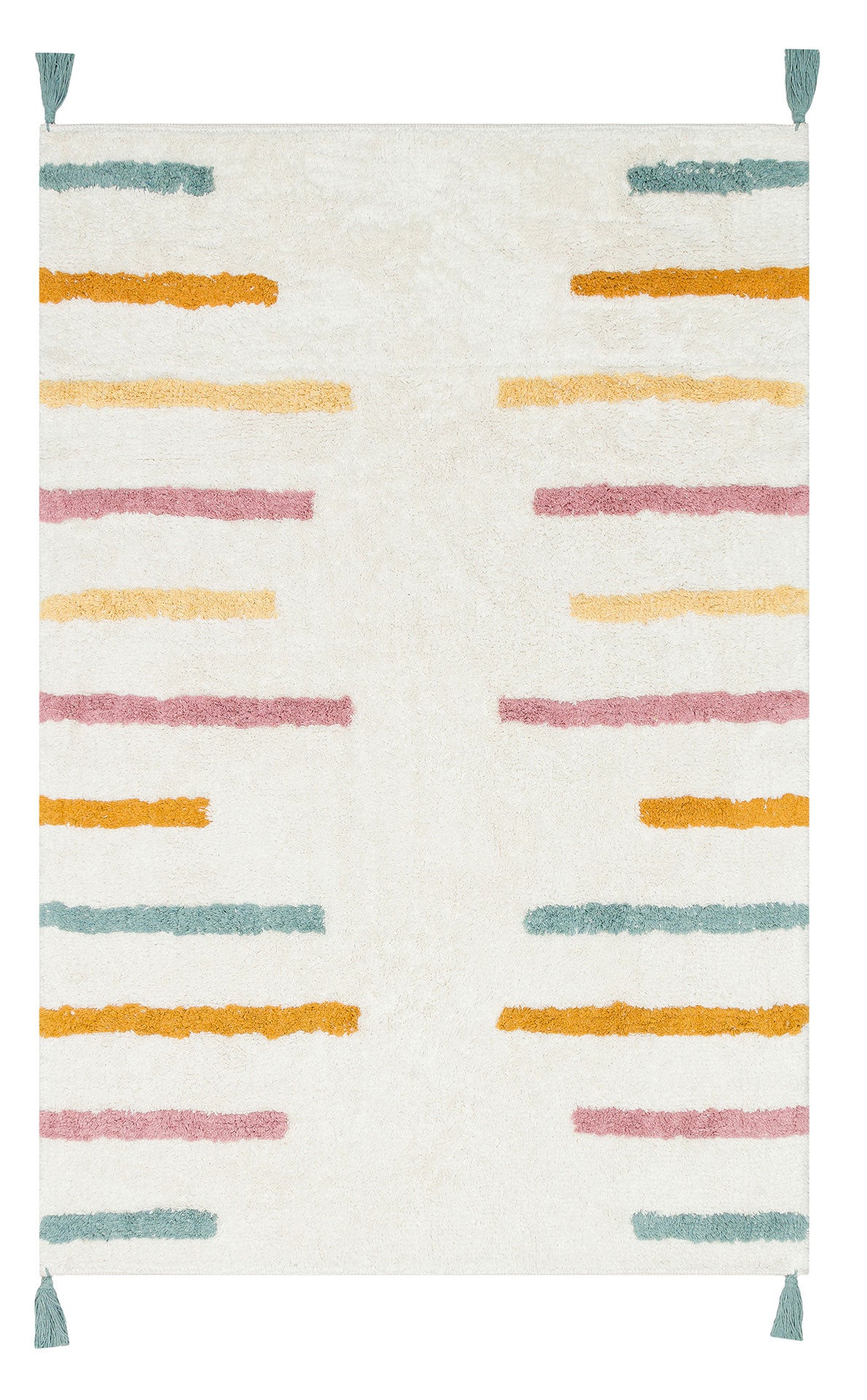 The Little Steps - Washable Shaggy - CBN03 rug features multicolour horizontal stripes in mustard yellow, pink, and teal on the edges with teal corner tassels. Its plain center makes it a playful choice for a children's room.