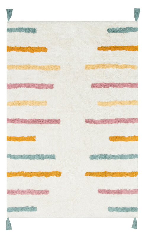 Load image 1 in gallery view. The Little Steps - Washable Shaggy - CBN03 rug features multicolour horizontal stripes in mustard yellow, pink, and teal on the edges with teal corner tassels. Its plain center makes it a playful choice for a children's room.
