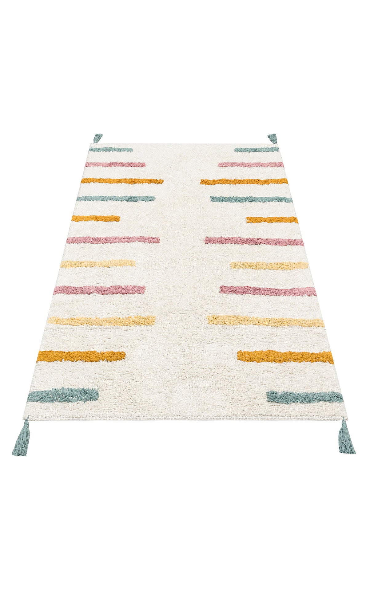 The Little Steps - Washable Shaggy - CBN03 is a rectangular white rug with yellow, pink, and blue horizontal stripes and four blue tassels at each corner—ideal for a playful children's room and adding vibrant charm.