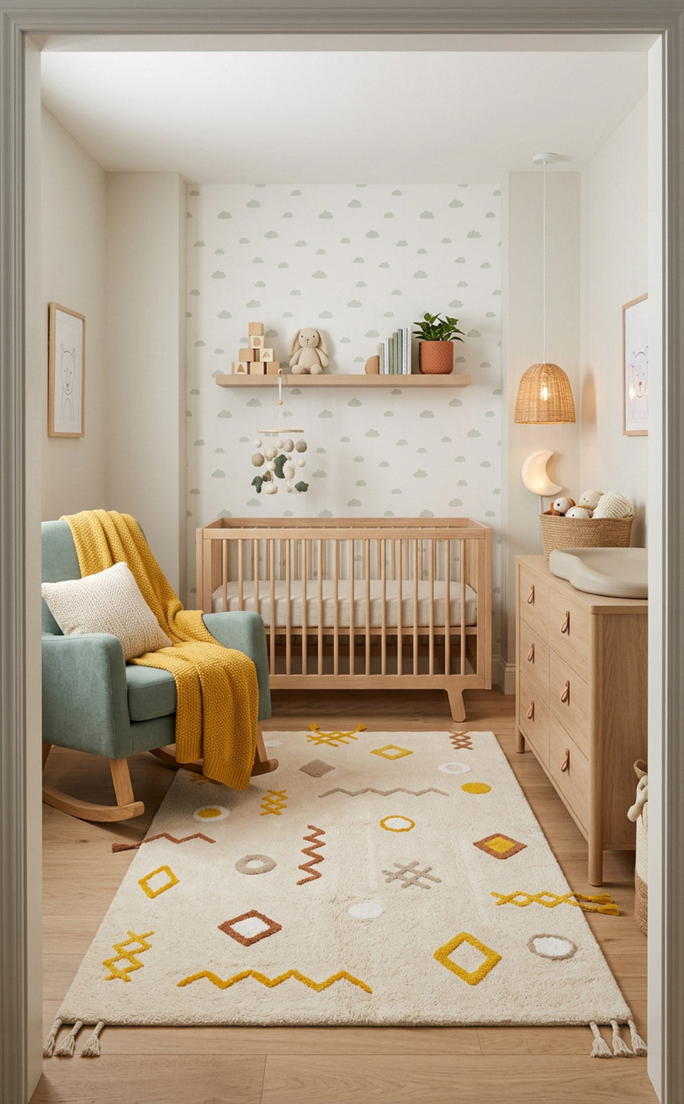 Cream rug with yellow and brown geometric shapes and tassels, styled in a nursery.