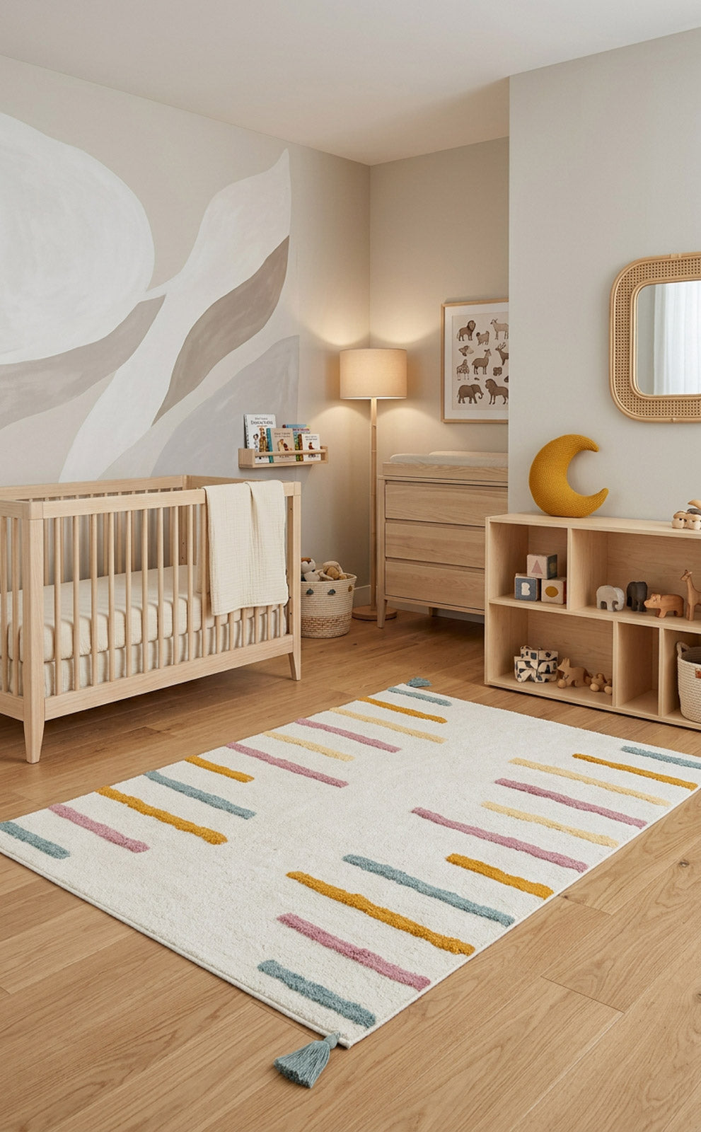 Off-white rug with multicolored tufted stripes and corner tassels, styled in a nursery.
