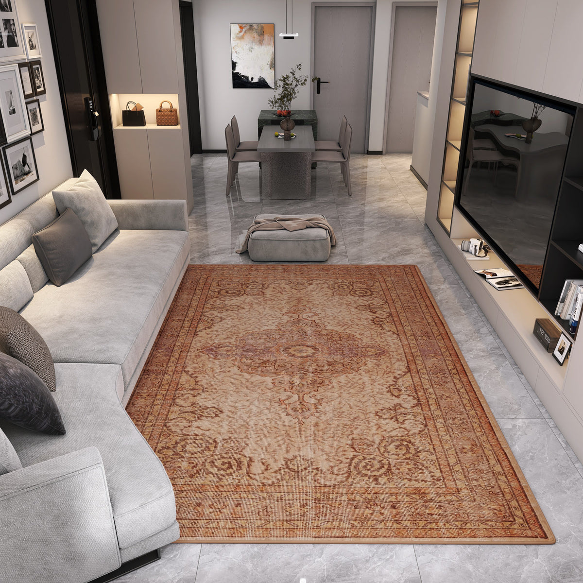 Rust and beige traditional medallion rug with a distressed finish, styled in a modern living room.