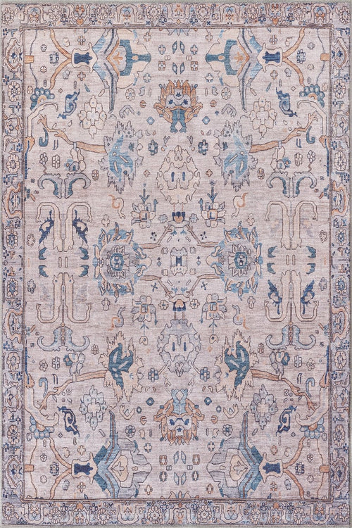 Load image 1 in gallery view. The Luminary Beige Gray Washable Rug - LCC3023 features a square flat weave with an intricate floral and geometric pattern in blue, beige, and tan on a light background, framed by a border of decorative motifs.
