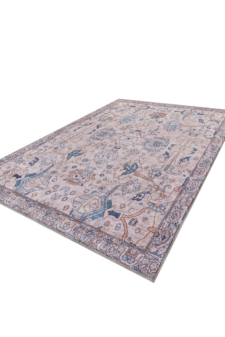 The Luminary Beige Gray Washable Rug - LCC3023 (Custom Size) features an intricate floral and vine pattern in blue, beige, and cream with a decorative border—perfect for high-traffic areas—shown on a white background.