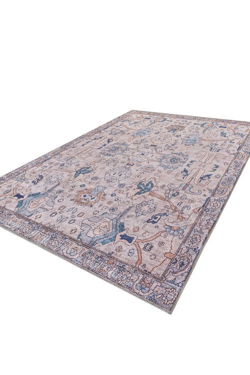 Load image 1 in gallery view. The Luminary Beige Gray Washable Rug - LCC3023 (Custom Size) features an intricate floral and vine pattern in blue, beige, and cream with a decorative border—perfect for high-traffic areas—shown on a white background.