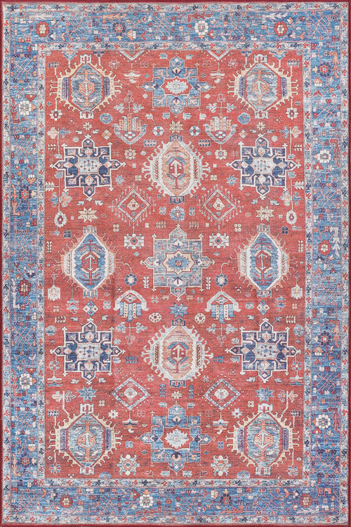 Bild 1 in Galerieansicht laden. The Lunavale Red Blue Washable Rug - LCC3007 is a rectangular red rug with intricate geometric and floral patterns in blue, white, and beige, plus a wide decorative blue border—ideal for high-traffic areas.