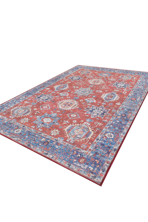 Load image 1 in gallery view. The Lunavale Red Blue Washable Rug - LCC3007 (Custom Size) features vibrant red, blue, and beige geometric and floral patterns with a wide blue border—perfect as a durable, washable rug for high-traffic spaces.