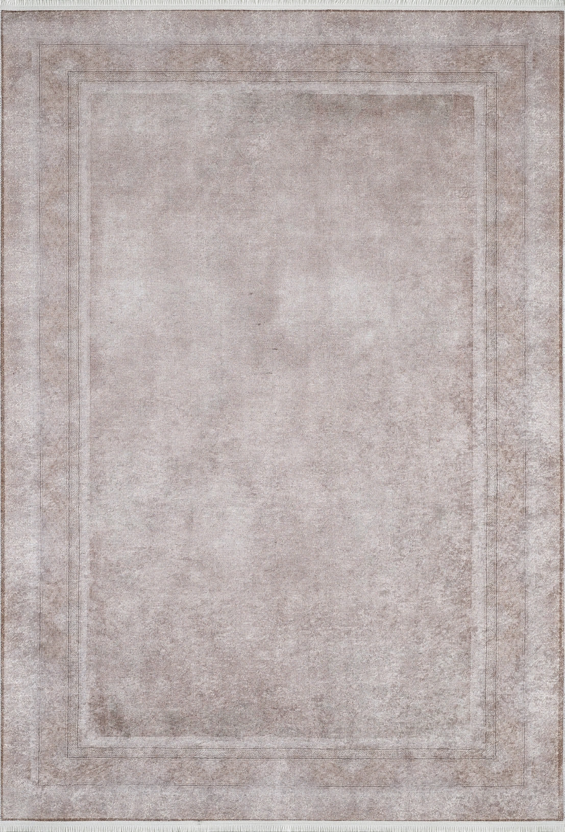 The Luxe Borderline - Washable Rug - JR1741 (Custom Size) is a rectangular, light beige rug with a subtle pattern and double border, ideal for high-traffic areas. Its minimal design pairs well with bronze and brown rugs for a cohesive look.