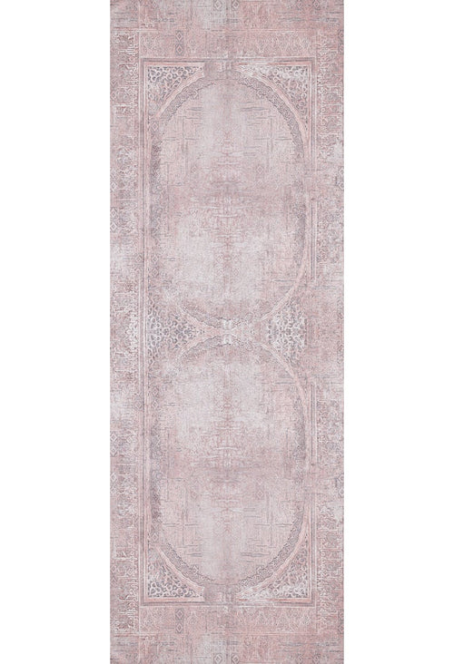 Load image 1 in gallery view. The Luxurious Design - Washable Rug - JR1924 features a faded pink and beige vintage style with intricate symmetrical patterns, decorative borders, and a distressed look—perfect for high-traffic areas.