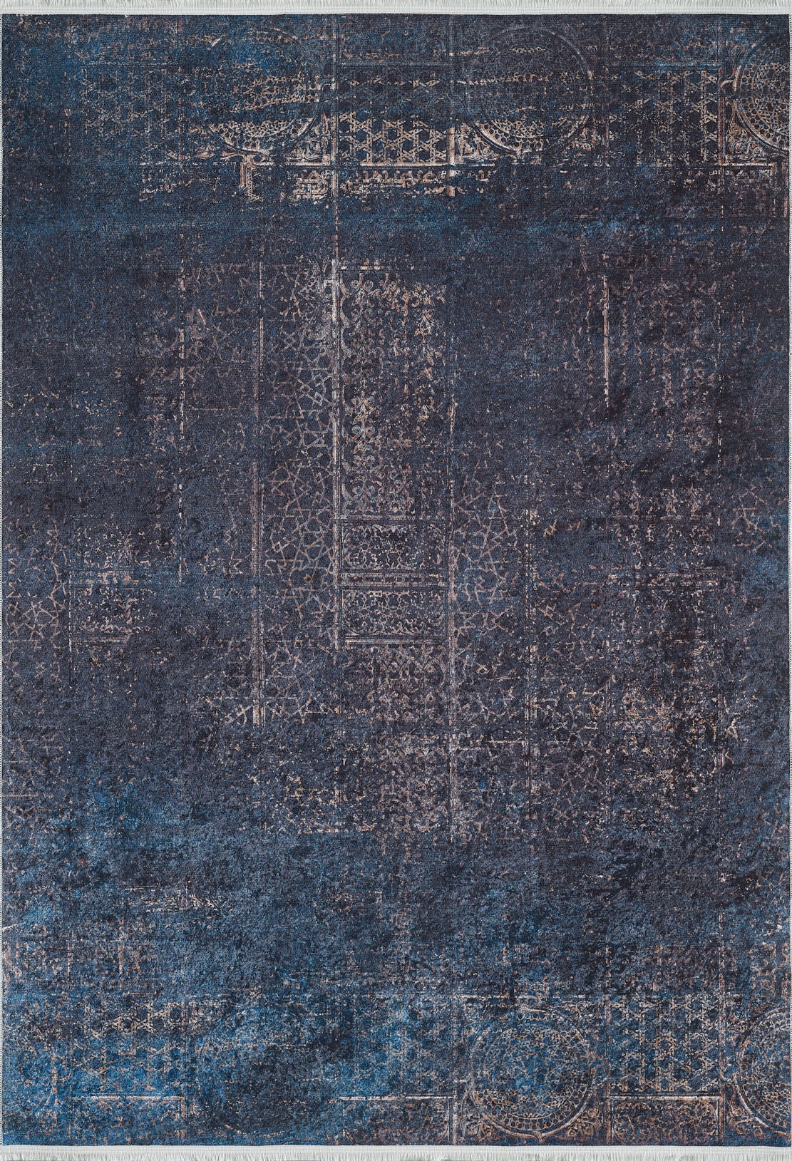 The Luxurious Fleur - Washable Rug - JR1897 (Custom Size) features a rectangular shape with intricate distressed deep blue and copper geometric and ornamental patterns, blending vintage charm with practical durability for high-traffic areas.