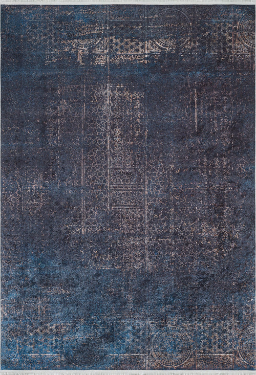 Load image 1 in gallery view. The Luxurious Fleur - Washable Rug - JR1897 (Custom Size) features a rectangular shape with intricate distressed deep blue and copper geometric and ornamental patterns, blending vintage charm with practical durability for high-traffic areas.