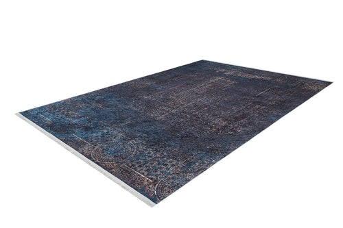 Load image 1 in gallery view. The Luxurious Fleur - Washable Rug - JR1897 (Custom Size) is a large, rectangular dark blue rug with subtle faded patterns and intricate designs, ideal for high-traffic areas and shown angled on a white background.