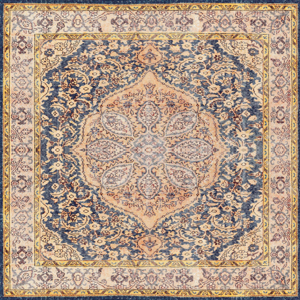 The Majestic Crest - Washable Rug (JRN1015) features a Persian-inspired central medallion in beige, blue, and peach, with intricate floral patterns and a detailed border for a timeless, richly detailed look.