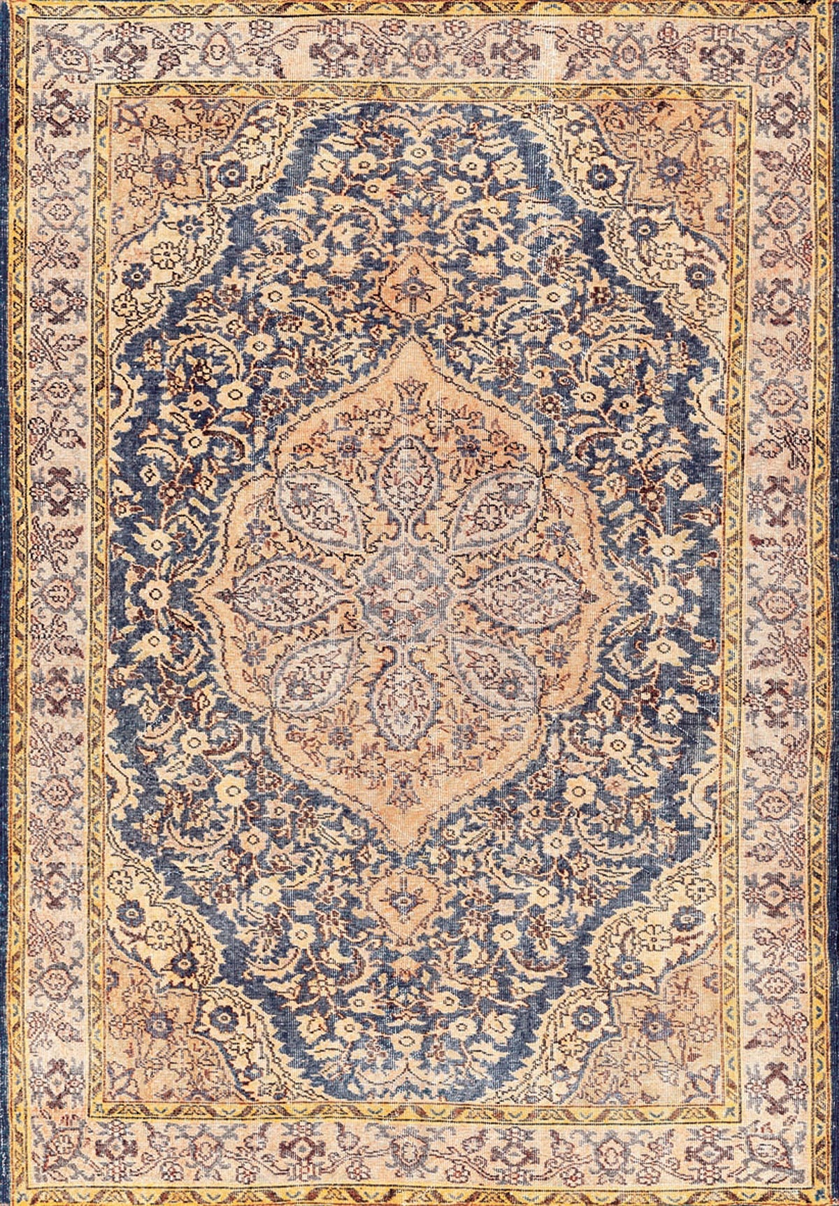 Majestic Crest - Washable Rug - JRN1015 (Custom Size) features an ornate Persian-style floral pattern in blue, beige, and gold with a striking medallion and detailed border—perfect for adding elegance to traditional interiors.