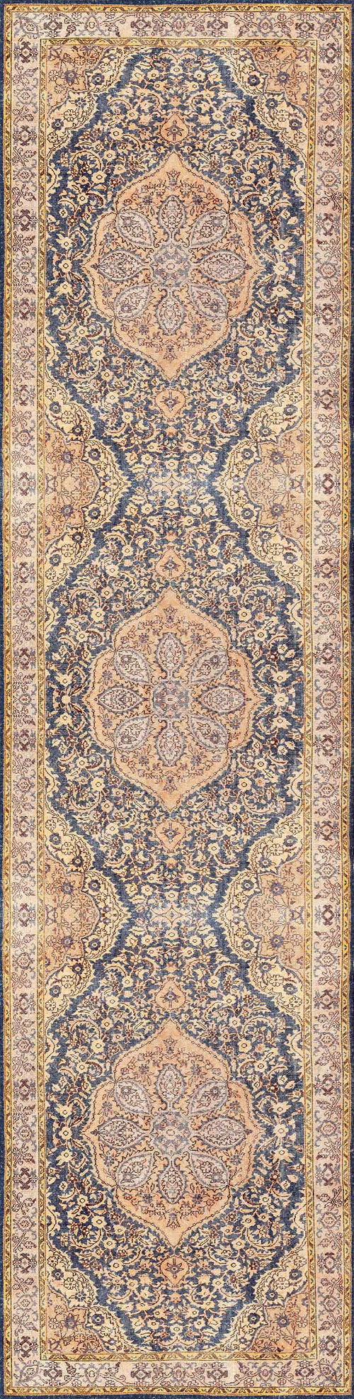 Load image 1 in gallery view. The Majestic Crest - Washable Rug - JRN1015 (Custom Size) features an intricate Persian medallion and floral pattern in blue, beige, and tan, with three large medallions vertically centered—ideal for classic interiors.