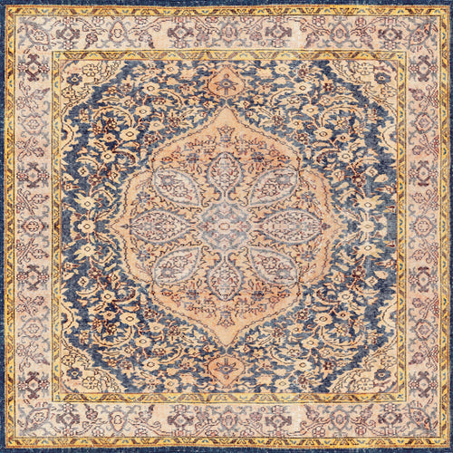 Load image 1 in gallery view. The Majestic Crest - Washable Rug - JRN1015 (Custom Size) features a Persian-inspired medallion in blue, beige, and gold with ornate borders—an elegant, washable choice for traditional spaces.