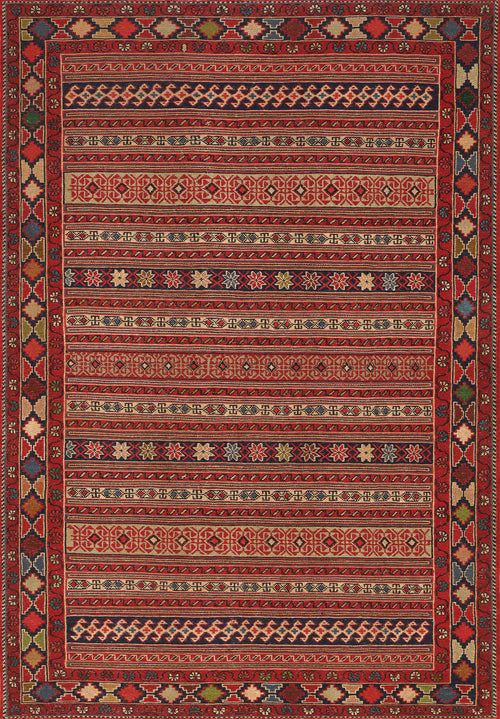 Load image 1 in gallery view. The Majestic Loom - Washable Rug - JRN1003 features colorful Southwestern-inspired rows of geometric shapes, diamonds, and florals in red, blue, green, beige, and gold with a detailed patterned border—bringing vibrant style to any space.