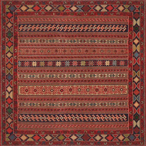 Load image 1 in gallery view. The Majestic Loom - Washable Rug - JRN1003 features traditional red hues, intricate geometric patterns, and horizontal bands in gold, navy, and ivory. Framed by earthy tones, this rug is both decorative and easy to clean for effortless care.