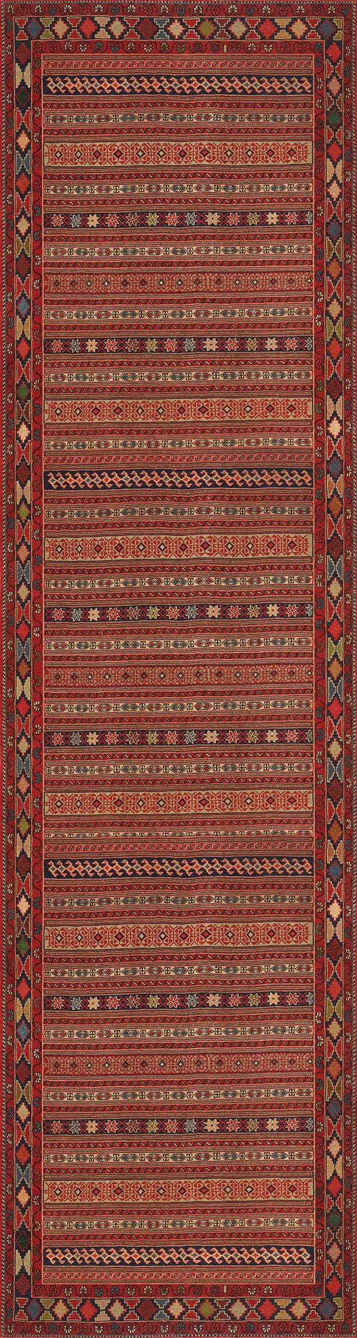 Load image 1 in gallery view. The Majestic Loom - Washable Rug - JRN1003 features intricate geometric patterns and horizontal stripes in red, yellow, black, and white with repeating diamond and zigzag motifs, framed by decorative borders for stylish convenience.
