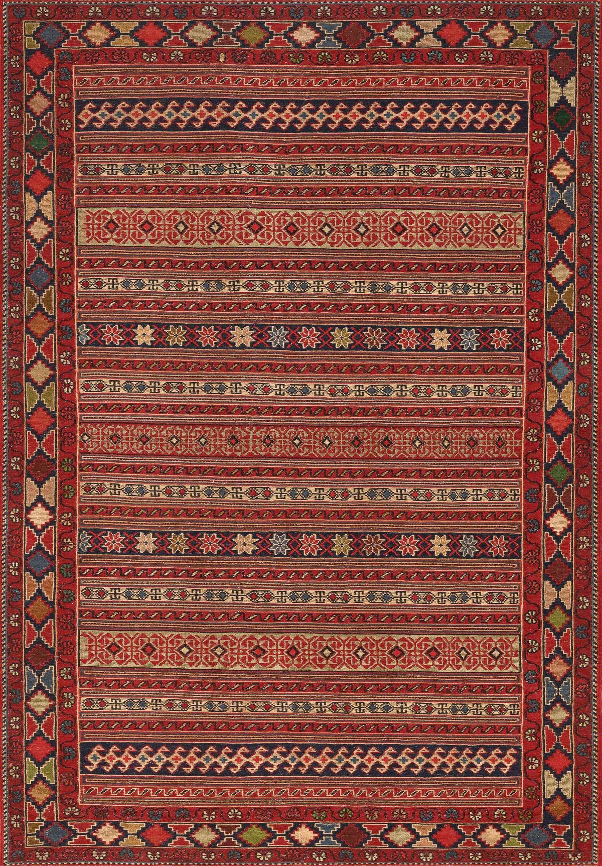 The Majestic Loom - Washable Rug - JRN1003 (Custom Size) features intricate geometric bands in red, beige, green, blue, and yellow with a red diamond border—an ideal stylish Southwestern flat weave that's easy to clean.
