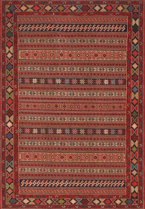 Load image 1 in gallery view. The Majestic Loom - Washable Rug - JRN1003 (Custom Size) features intricate geometric bands in red, beige, green, blue, and yellow with a red diamond border—an ideal stylish Southwestern flat weave that's easy to clean.