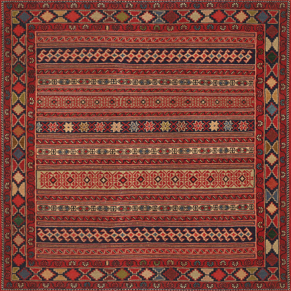 The Majestic Loom - Washable Rug - JRN1003 (Custom Size) features traditional flat weave construction with intricate red, black, and beige geometric and floral patterns, accented by repeating diamond and floral borders.