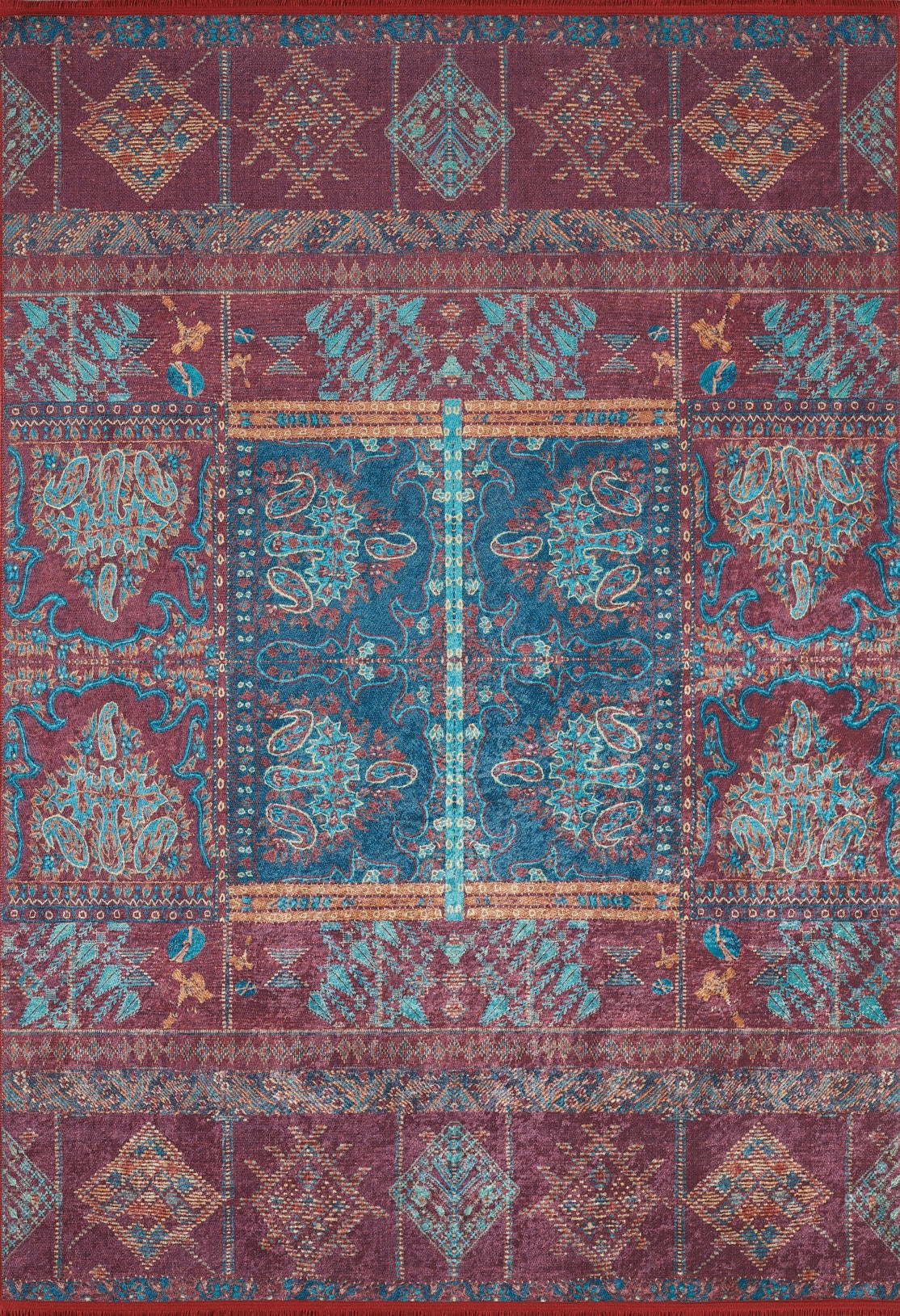 The Majestic Mandarin - Washable Rug - JR1863 (Custom Size) boasts ornate blue and red motifs, central blue panels, and symmetrical geometric patterns—an ideal decorative rug for high-traffic areas.