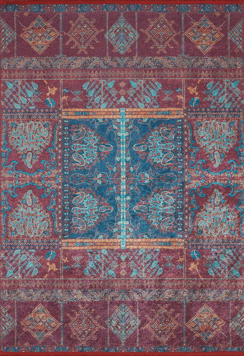 Load image 1 in gallery view. The Majestic Mandarin - Washable Rug - JR1863 (Custom Size) boasts ornate blue and red motifs, central blue panels, and symmetrical geometric patterns—an ideal decorative rug for high-traffic areas.