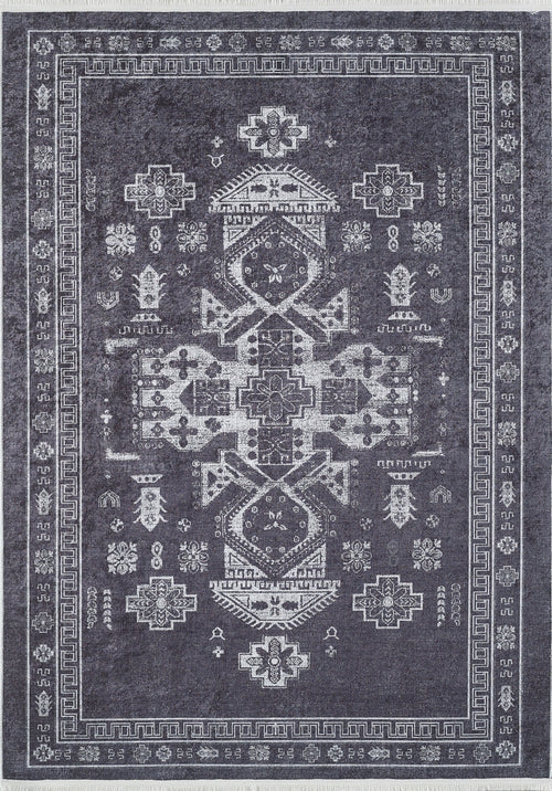Bild 1 in Galerieansicht laden. The Majestic Symbol - Washable Rug - JR1892 (Custom Size) is a rectangular flat weave with a dark gray base, white geometric and floral motifs, a central symmetrical design, and decorative borders—stylish and easy to maintain.
