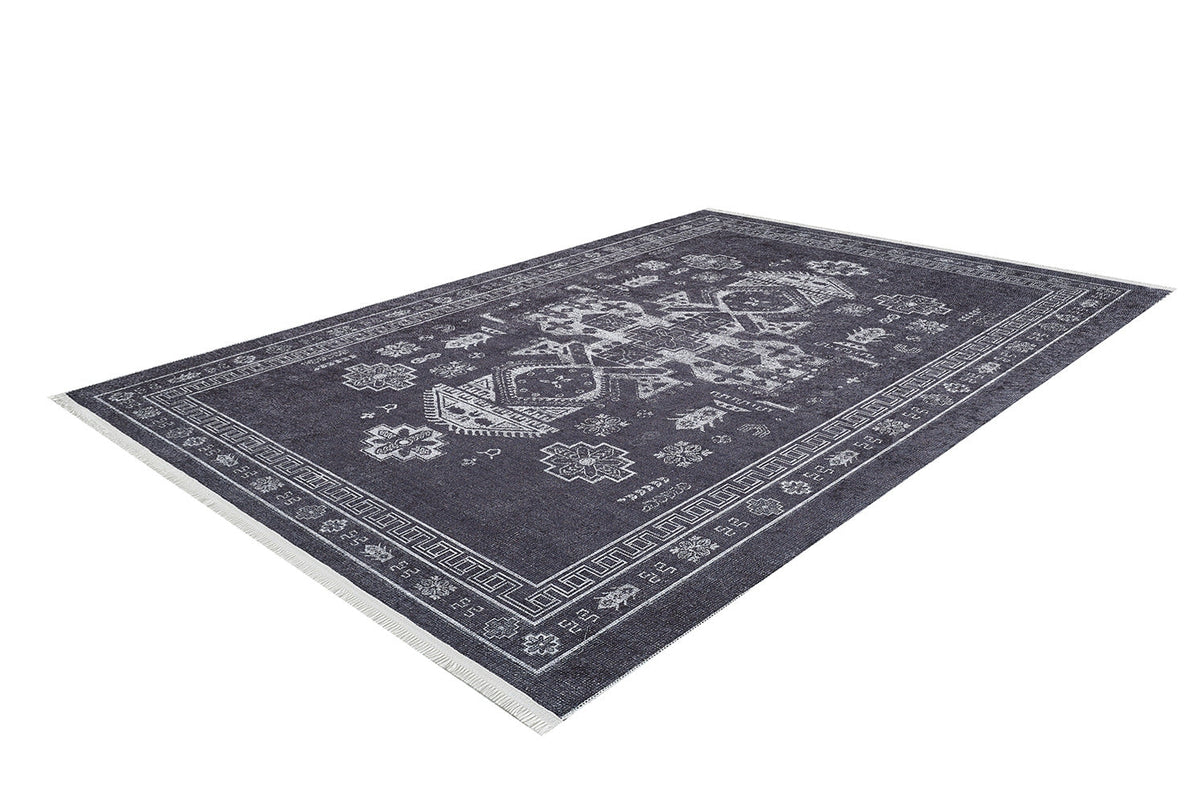 The Majestic Symbol - Washable Rug - JR1892 (Custom Size) is a dark gray flat weave rug with white geometric and floral patterns, a detailed border, and short white fringe on the short edges, shown on a white background.