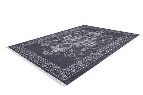 Bild 1 in Galerieansicht laden. The Majestic Symbol - Washable Rug - JR1892 (Custom Size) is a dark gray flat weave rug with white geometric and floral patterns, a detailed border, and short white fringe on the short edges, shown on a white background.