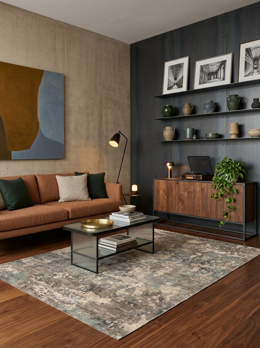 Grey and blue abstract distressed rug in a modern living room with wood floors.