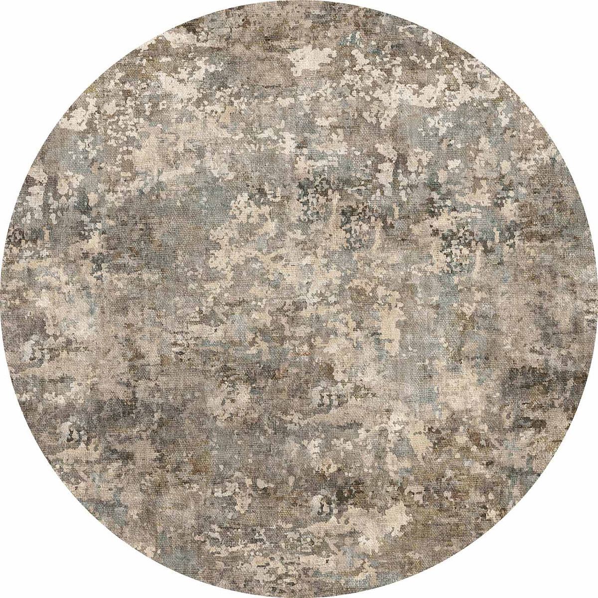 Round rug with a distressed, abstract mottled pattern in shades of grey, beige, and muted blue.