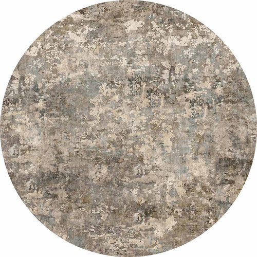 Load image 1 in gallery view. Round rug with a distressed, abstract mottled pattern in shades of grey, beige, and muted blue.