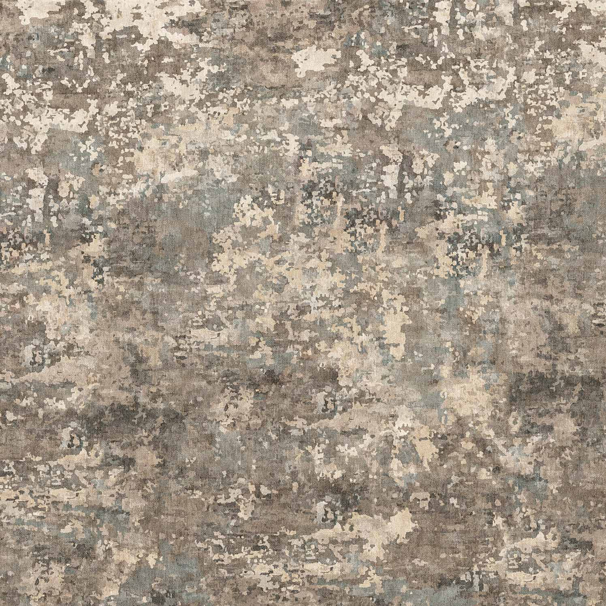Grey, beige, and blue abstract rug with a distressed, mottled texture.