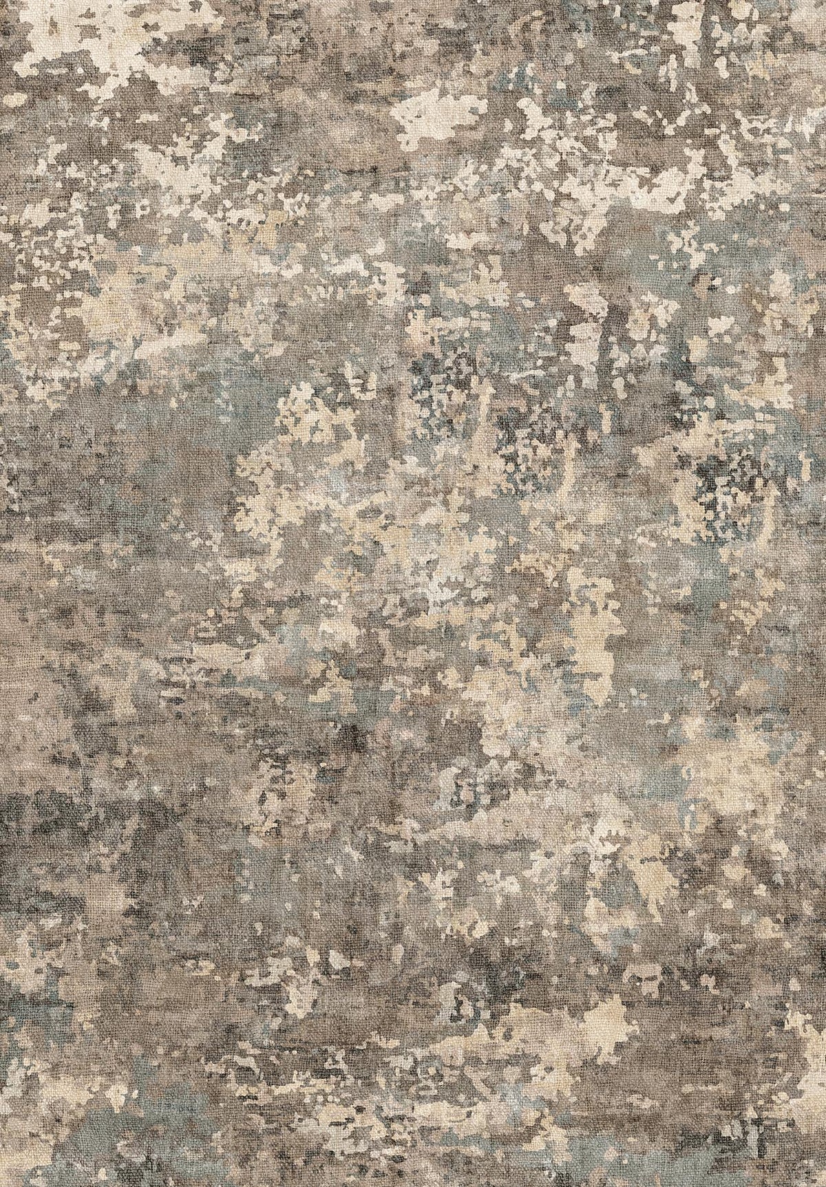 Taupe, grey, and cream rug with a distressed, abstract mottled pattern.