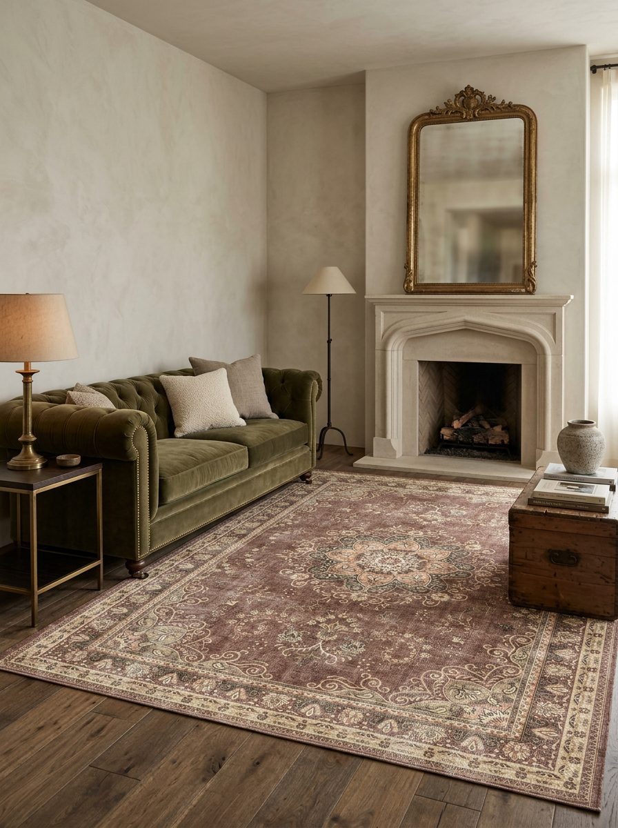 Distressed brown and cream traditional medallion rug in a living room with a green velvet sofa and fireplace.