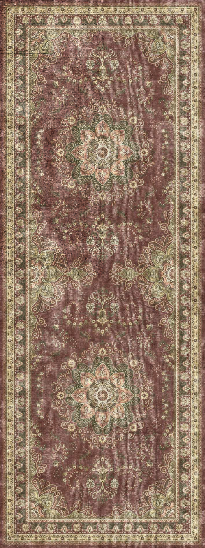 Rust-colored runner rug with a distressed traditional floral medallion pattern and a decorative cream border.