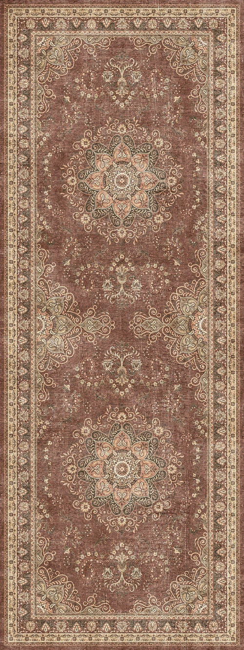 Load image 1 in gallery view. Rust-colored runner rug with a distressed traditional floral medallion pattern and a decorative cream border.