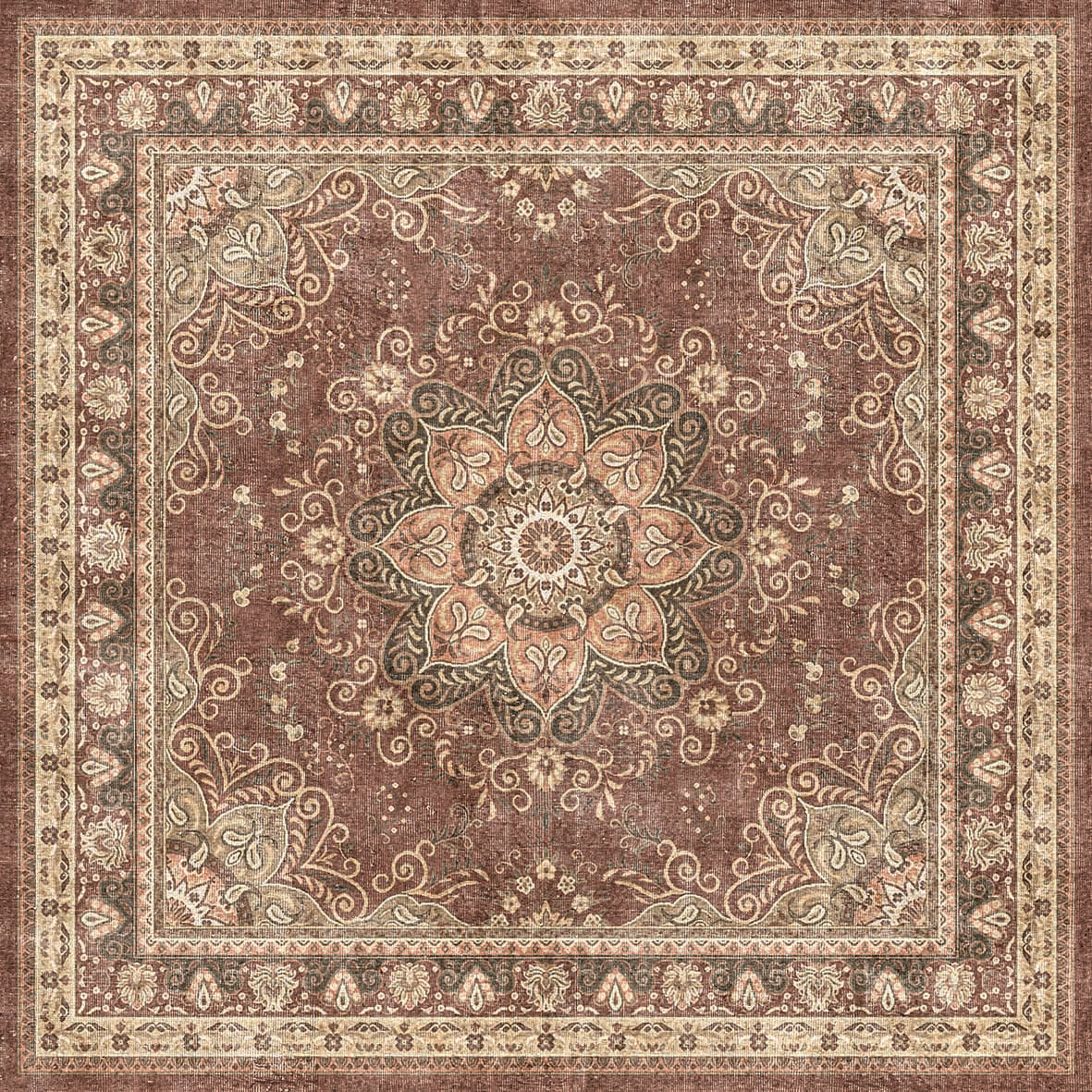 Rust and cream traditional rug with a central floral medallion and ornate border pattern.