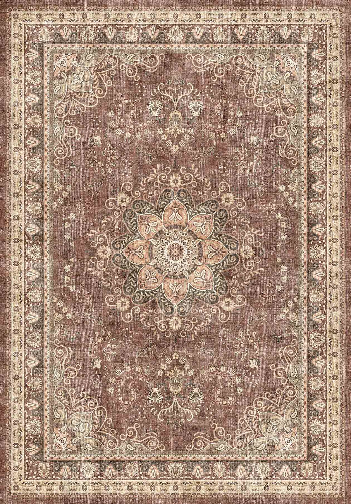 Brown traditional rug with a central floral medallion, intricate scrollwork, and a decorative border.