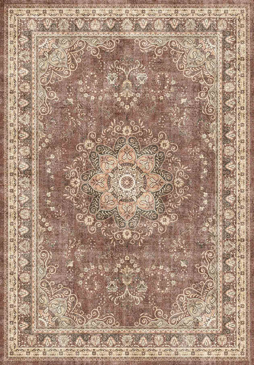 Load image 1 in gallery view. Brown traditional rug with a central floral medallion, intricate scrollwork, and a decorative border.